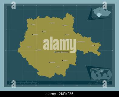 Jihocesky, Region der Tschechischen Republik. Einfarbige Form. Orte und Namen der wichtigsten Städte der Region. Karten für zusätzliche Eckposition Stockfoto