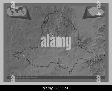 Jihomoravsky, Region der Tschechischen Republik. Höhenkarte in Graustufen mit Seen und Flüssen. Karten für zusätzliche Eckposition Stockfoto