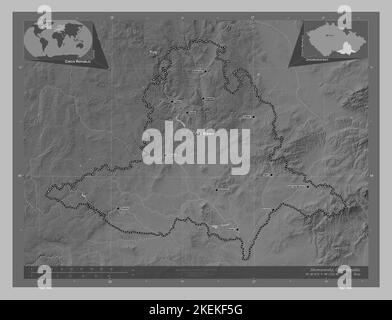 Jihomoravsky, Region der Tschechischen Republik. Höhenkarte in Graustufen mit Seen und Flüssen. Orte und Namen der wichtigsten Städte der Region. Ecke auxil Stockfoto