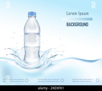 Realistisches Vektorgrafik-Banner. Kleine Trinkplastikflasche mit Wasser mit Spritzer und Tropfen. Stock Vektor