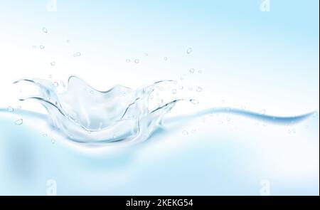 Realistisches Vektorgrafik-Banner. Krone für Wasserspritzer. Wellenbanner mit Spritzern und Tropfen. Stock Vektor