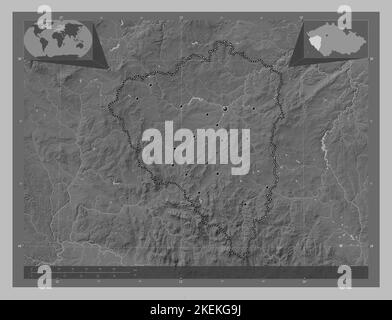 Plzensky, Region der Tschechischen Republik. Höhenkarte in Graustufen mit Seen und Flüssen. Standorte der wichtigsten Städte der Region. Zusätzliche Position der Ecke Stockfoto