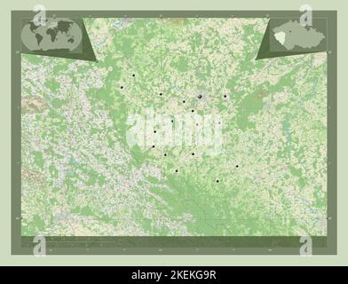 Plzensky, Region der Tschechischen Republik. Öffnen Sie Die Straßenkarte. Standorte der wichtigsten Städte der Region. Karten für zusätzliche Eckposition Stockfoto