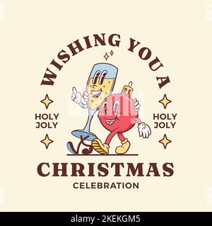 Weihnachten und Neujahr Retro-Zeichentrickfiguren Label Vorlage. Sektglas und Weihnachtskugelfreunde gehen zusammen. Vektor-Maskottchen Stock Vektor