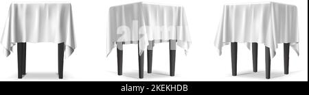 Abbildung des Symbols für 3D-realistische Vektoren. Tisch mit weißem Tuch bedeckt. Seite, Vorderansicht. Isoliert auf weißem Hintergrund. Stock Vektor