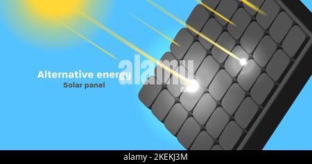 Solarpanels Vektor 3D Abbildung mit Batterie und Sonnenstrahlen, Banner Stock Vektor