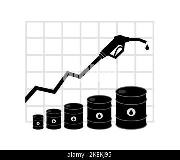 Tabelle mit steigenden Kraftstoffpreisen. Benzinpistole, Ölfässer, Diagramm. Stock Vektor
