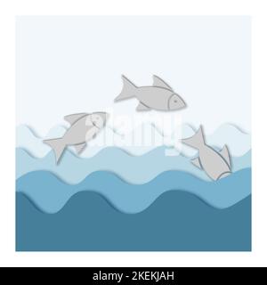 Fische springen in Wellen. Papier geschnitten Stil Meer Illustration. Stock Vektor
