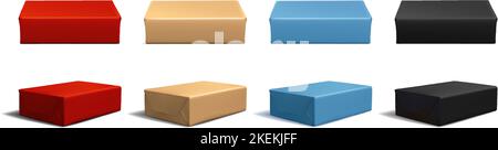 3D-Symbolsatz für realistische Vektoren. Geschenkboxen in Blau, Schwarz, Braun und Rot. Stock Vektor