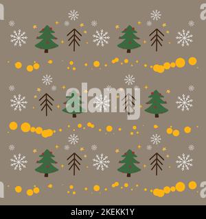 Dekorationen für Postkarten, Boho-Muster, Weihnachtsbaum mit Lichtern, Schneeflocken, festliche Stimmung, Illustration auf braunem Hintergrund Stock Vektor
