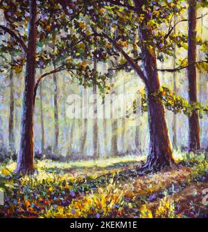 Konzeptkunst-Illustration einer sonnigen Landschaft in verträumten Farben, die einen Wald zeigt, in dem die Sonne hinter einem Baum wunderschöne Strahlen durch Nebelschwaden wirft Stockfoto