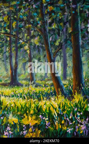 Bäume im sonnigen Waldpark Acryl Malerei Landschaft Kunst Illustration für Märchen Stockfoto