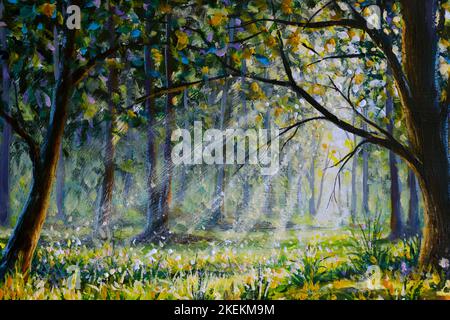 Konzeptkunst-Illustration einer sonnigen Landschaft in verträumten Farben, die einen Wald zeigt, in dem die Sonne hinter einem Baum wunderschöne Strahlen durch Nebelschwaden wirft Stockfoto