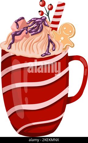 Rote Keramikschale mit heißer Schokolade, Creme und Salmmielchen. Karamellstab, Kekse und Zimt. Cappuccino im Winter. Latte in einer roten Tasse. Stock Vektor