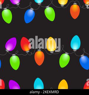Nahtloses Muster mit bunten weihnachtslampen. Weihnachtliches Nahtmuster mit Girlande. Leuchtende Glühbirne Girlande auf schwarzem Hintergrund. Stock Vektor