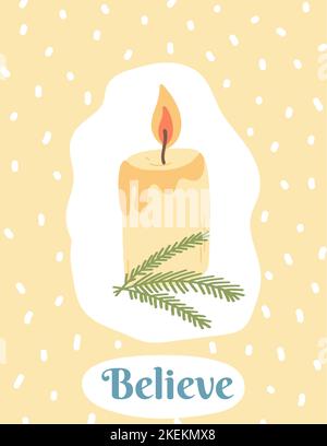 Weihnachtspostkarte mit brennender Kerze im Cartoon-Flat-Stil. Handgezeichnete Vektordarstellung der Winterurlaub Karte, Web-Vorlage Stock Vektor