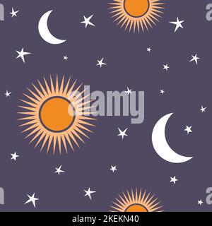 Nahtloses Muster mit Sonne, Mond und Sternen. Stock Vektor