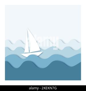Segeln Sie mit dem Boot auf Wellen, Blick auf das Meer in Papierform. Stock Vektor