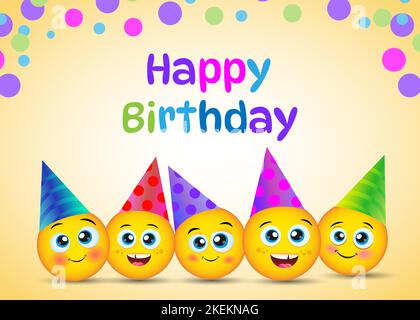 Glückwunschkarte zum Geburtstag mit gelbem Lächeln auf den Gesichtern. Vektor Geburtstag Hintergrund bunte Banner Charakter lustige Gesicht Design. Stock Vektor