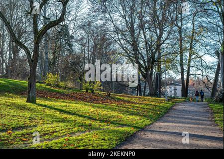 Im November wandern im Uferpark Abackarna entlang des Motala-Flusses in Norrkoping, Schweden, nicht erkennbare Menschen Stockfoto