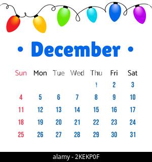 Dezember 2022 Kalender. Dezember 2022 Kalender Vektor-Illustration mit weihnachtsbeleuchtung. Kalender-Vektor-Vorlage, Einfaches Minimal-Design. Kalender Te Stock Vektor