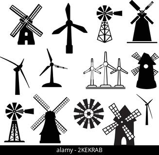 Ein bearbeitbarer Satz illustrierter Silhouetten von Windmühlen auf weißem Hintergrund Stock Vektor