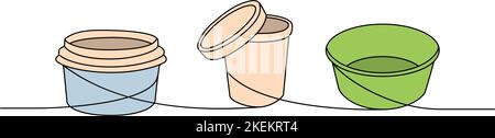 Takeaway Pappkartons eine Zeile farbige kontinuierliche Zeichnung. Leere Pappkartons, Beutel für Essen zum Mitnehmen durchgehende eine Zeile bunte Illustration. Stock Vektor