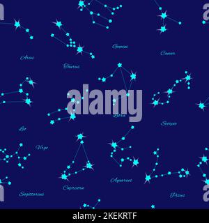 Vektor Magie nahtlose Muster mit Sternbildern und Sternen auf blauem Hintergrund. Mystische esoterische Hintergrund für Design von Stoff, Verpackung, astrolog Stock Vektor