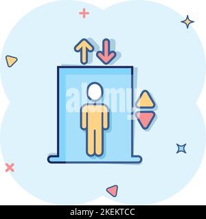 Aufzug-Ikone im Comic-Stil. Lift Cartoon Vektor-Illustration auf weißem Hintergrund isoliert. Geschäftskonzept für den Personenverkehr mit Splash-Effekt. Stock Vektor