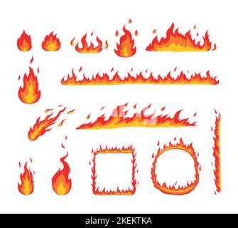 Feuerflamme. Cartoon Lagerfeuer und feurige Bordüren dekorative Elemente. Bunte Vorlagen für brennende Gebäude, Vektor-Hot-Set Stock Vektor