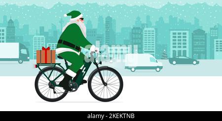 Moderner, umweltfreundlicher Weihnachtsmann auf einem E-Bike und mit einem Weihnachtsgeschenk, nachhaltiges Mobilitätskonzept Stock Vektor