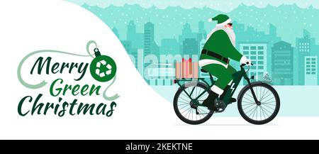 Moderner, umweltfreundlicher Weihnachtsmann auf einem E-Bike und mit einem Weihnachtsgeschenk, nachhaltiges Mobilitätskonzept Stock Vektor