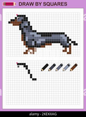 Zeichnen Sie Dackel durch Quadrate. Kopieren Sie das Bild. Spiel für Kinder. Stock Vektor