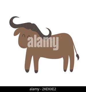 Afrikanische Büffel Cartoon-Figur. Buffalo mit großen Hörnern flacher Vektor isoliert auf weiß. Afrikanische Fauna. Büffelsymbol. Niedlicher handgezeichneter Stil Stock Vektor
