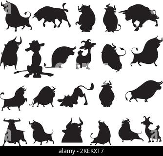 Ein bearbeitbarer Satz illustrierter Silhouetten von Bullen auf weißem Hintergrund Stock Vektor
