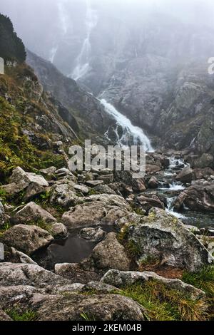 Schwerer Morgennebel, der den wunderschönen Gebirgswasserfallstrom bedeckt, der den Bach auf einer felsigen Klippe im Tatra-Nationalpark, Polen, hinunterfließt Stockfoto