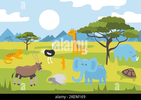 Cartoon wilde Tiere in der Savanne. Cartoon-Panorama mit Akazienbäumen, Berge im Hintergrund. Afrikanische Tiere Stock Vektor