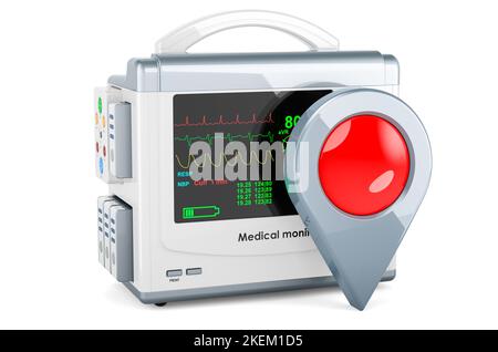 Medizinischer Monitor mit Kartenzeiger, 3D-Darstellung isoliert auf weißem Hintergrund Stockfoto