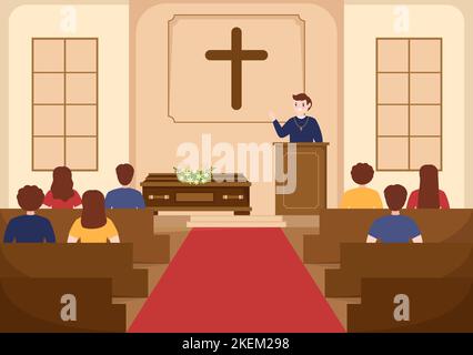 Pastor gibt eine Predigt von Gott in Soutane an einer katholischen Kirche von Pulpit und Taufe in flachen Cartoon Handgezeichnete Vorlagen Illustration Stock Vektor