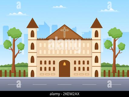 Kathedrale Katholische Kirche Gebäude mit Architektur, mittelalterliche und moderne Kirchen Innenarchitektur in Flat Cartoon Handgezeichnete Vorlagen Illustration Stock Vektor