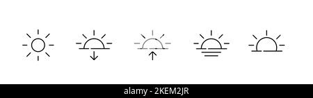 5 Wetterprognosesymbole. Die Sonne geht unter, geht auf und scheint. Pixel-perfekte, bearbeitbare Kontursymbole Stock Vektor