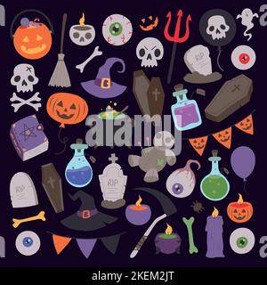 Halloween-Feier und Hexerei verwandte Objekte. Sammlung von handgezeichneten, Vektor-Cartoon-Illustrationen. Stock Vektor