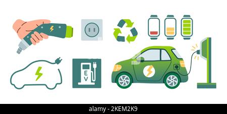 Moderner Elektro-Smart-suv-PKW-Ladeplatz an der Ladestation mit einem Steckkabel. Isoliertes flaches Vektorkonzept Stock Vektor