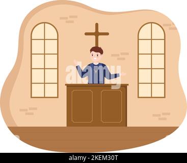 Pastor gibt eine Predigt von Gott in Soutane an einer katholischen Kirche von Pulpit und Taufe in flachen Cartoon Handgezeichnete Vorlagen Illustration Stock Vektor