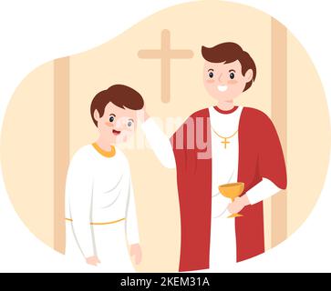 Pastor gibt eine Predigt von Gott in Soutane an einer katholischen Kirche von Pulpit und Taufe in flachen Cartoon Handgezeichnete Vorlagen Illustration Stock Vektor