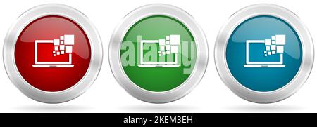 Notebook, Notebook, Computer Vektor-Symbolsatz. Rote, blaue und grüne silberne Metallic-Web-Knöpfe mit Chromrand Stock Vektor