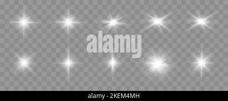Leuchtende Sterne. Satz von Vektorlichtern und Funken isoliert auf transparentem Hintergrund Stock Vektor