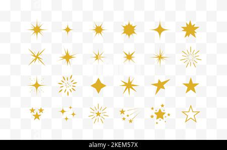 Funken und Sterne. Set von goldenen Sternen und funkelt isoliert auf weißem Hintergrund. Funkelt Symbole. Stock Vektor