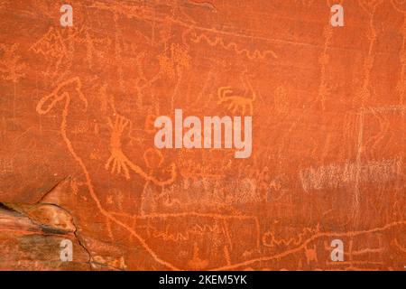 Atlatl Rock Petroglyphen, Valley of Fire State Park, Nevada, USA Stockfoto