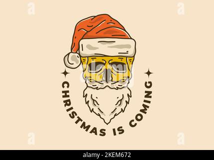 Vintage Kunst Illustration Design von Bart Schädel trägt santa Hut Stock Vektor